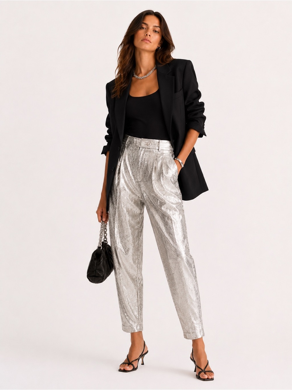 Vintage Midcentury Symphony Metallic Silver High Waisted Straight Leg Trousers